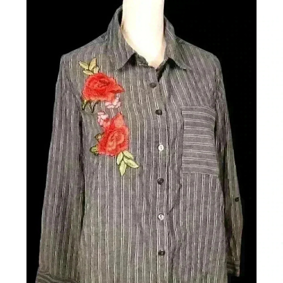 UNIQUE SPECTRUM Womans GRAY Blouse ROSES Applicate Lightweight Long Sleeve 1x 16 - Picture 5 of 8